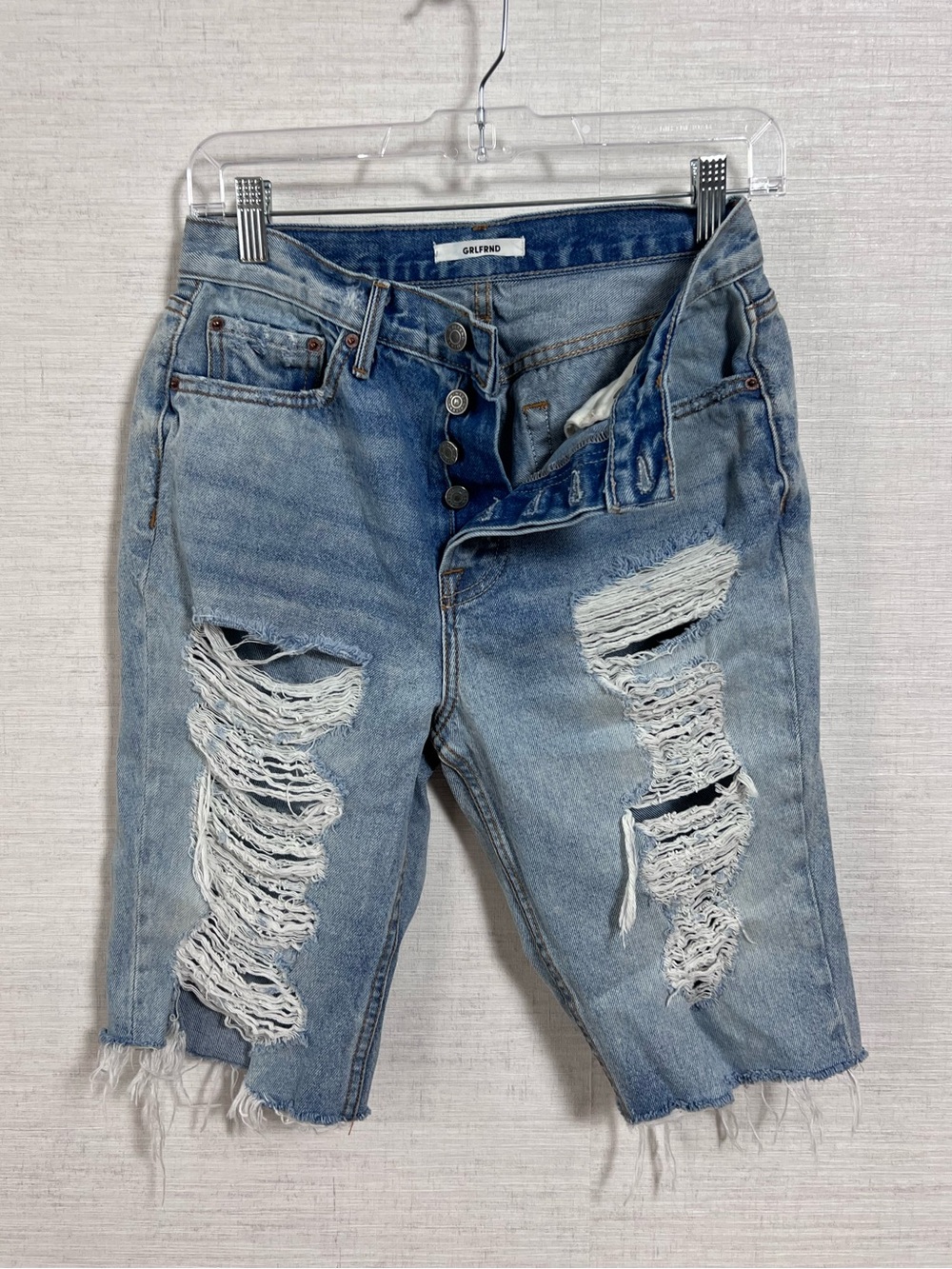 GRLFRND Marjan Distressed Bermuda Demin Shorts